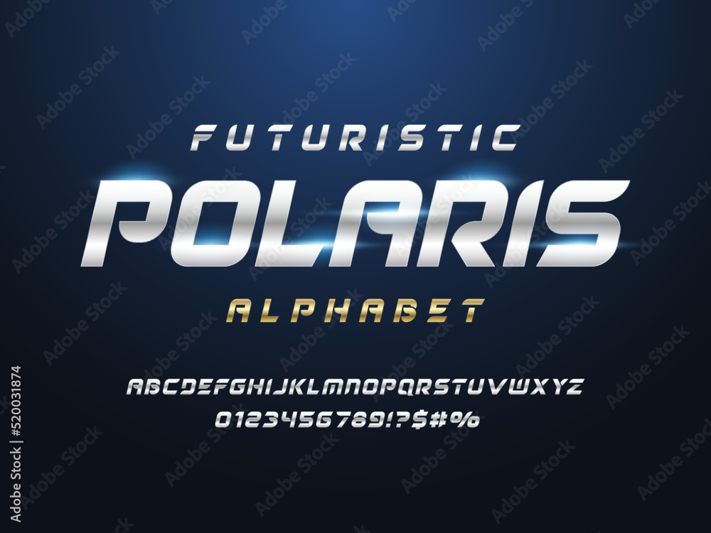 Poster vector of modern chrome alphabet design with uppercase, numbers and symbols