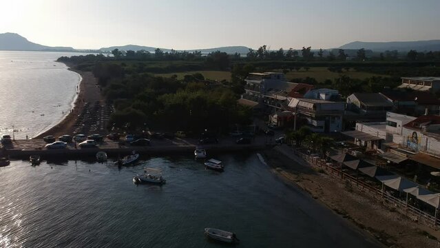 Panoramic aerial view over Gialova seaside city in Navarino bay. It is one of the best touristic places located in Messenia, Greece.