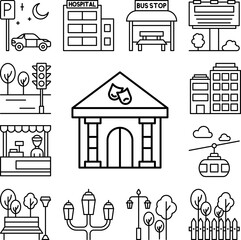 Theatre, building icon in a collection with other items