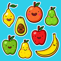 Set of fruit stickers on a blue background. Illustration for children's books, postcards, posters, banners, print for clothing. Сute kawaii characters: lemon, pear, orange, Apple, banana, avocado.