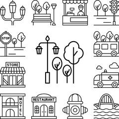 Street lamp, trees, park icon in a collection with other items