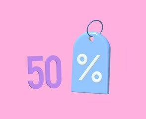 3D rendering of discount tag. Pink background.