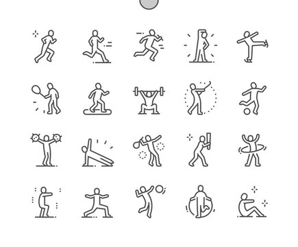 Sport people. Stick figure standing position. Running, playing tennis, skating and other. Pixel Perfect Vector Thin Line Icons. Simple Minimal Pictogram