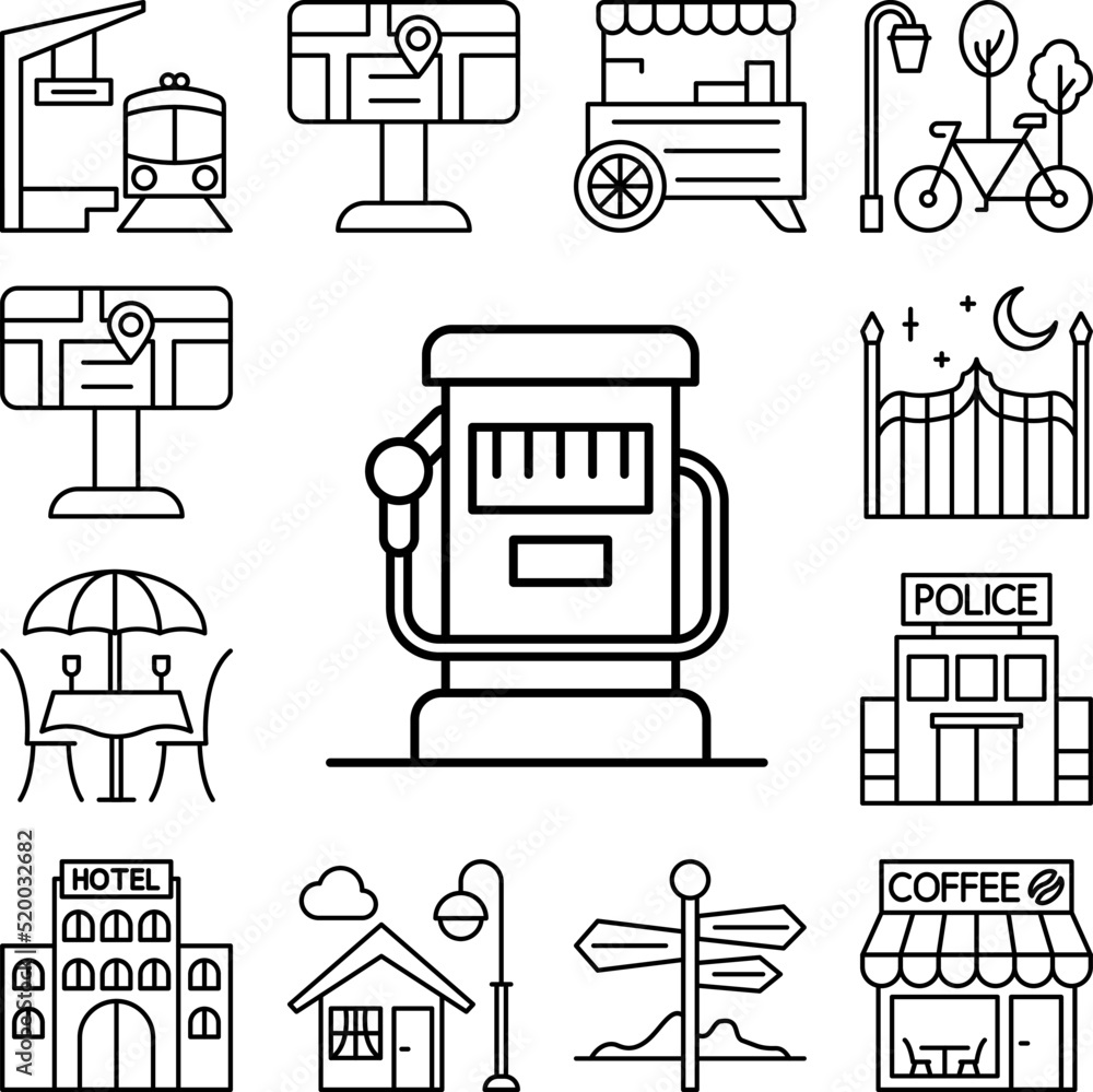 Poster gas station icon in a collection with other items