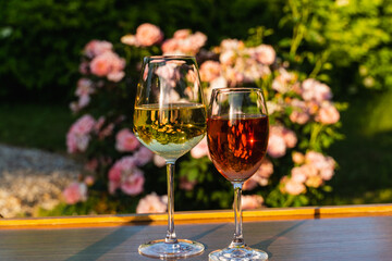 A glasses of red and white wine against outdoor garden background.