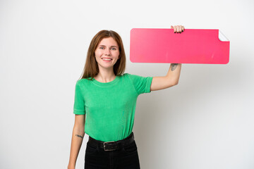 Young English woman isolated on white background holding an empty placard