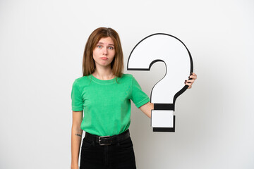 Young English woman isolated on white background holding a question mark icon and with sad expression