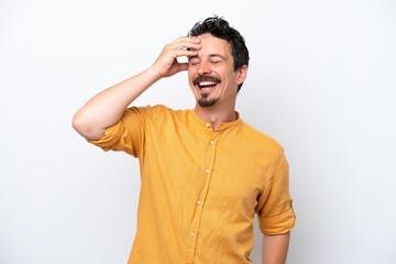 Young man with moustache isolated on white background smiling a lot