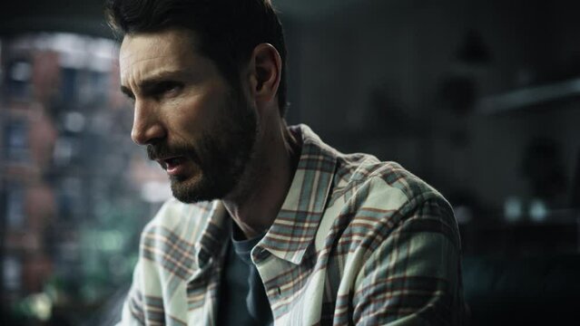 Portrait of Emotional Man Crying, Stressed, Having Mental Problems, Dealing with Death in the Family, Loneliness. Male Suffering from Depression, anxiety or other Treatable Disorders. Slow Motion