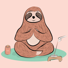 Vector cartoon character of a sloth in a meditative pose. Yoga practice. Relaxation. Colorful banner, poster. Colored flat illustration.