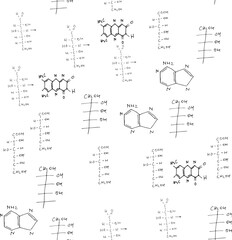 Chemical formulas. Scientific, educational background. Seamless pattern. Vector on white.
