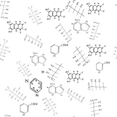 Obraz premium Chemical formulas. Scientific, educational background. Seamless pattern. Vector on white.