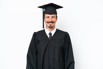 Young university graduate man isolated on white background laughing
