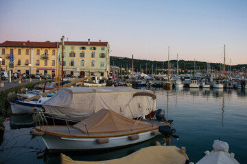 Dusk at the waterfront of the historic medieval town of Izola on the Adriatic coast of Slovenia
