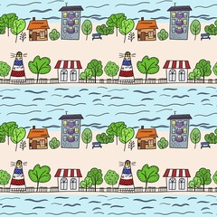seamless pattern. Cartoon city. The landscape of a small town. Houses, street, river, lighthouse, shop, trees, sky.