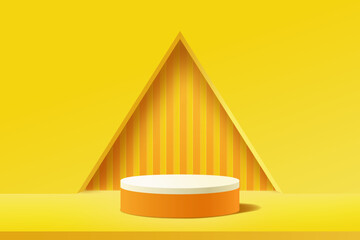 Empty 3d round podium with yellow orange abstract geometric shape and triangular hole wall