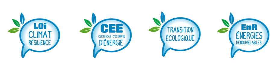 Logos :  transition écologique et énergétique, économie d'énergie, loi climat, sobriété énergétique, développement des énergies renouvelables EnR.