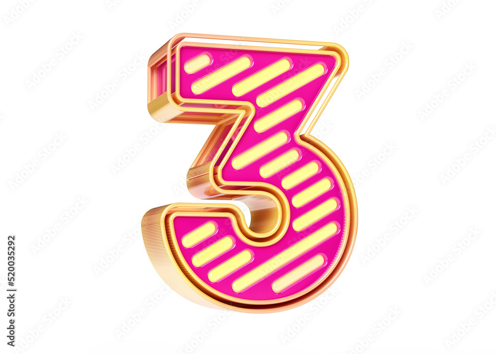 Aufkleber 3d rendering neon typeface in pink and golden yellow color combination digit number 3. design suitab