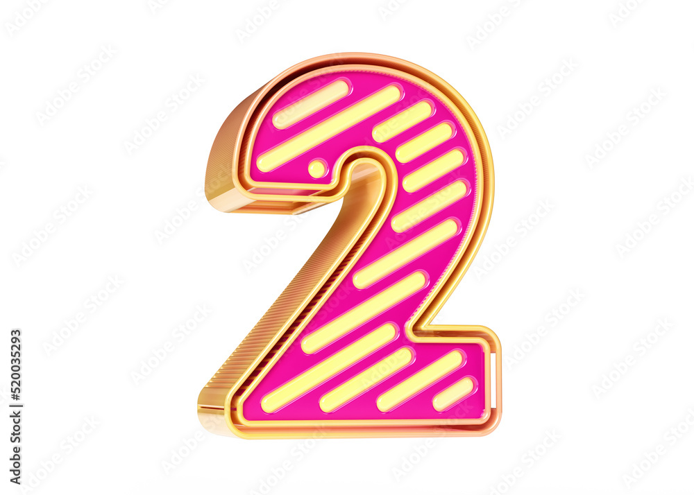 Poster 3d rendering neon typeset in pink and golden yellow color combination digit number 2. illustration n