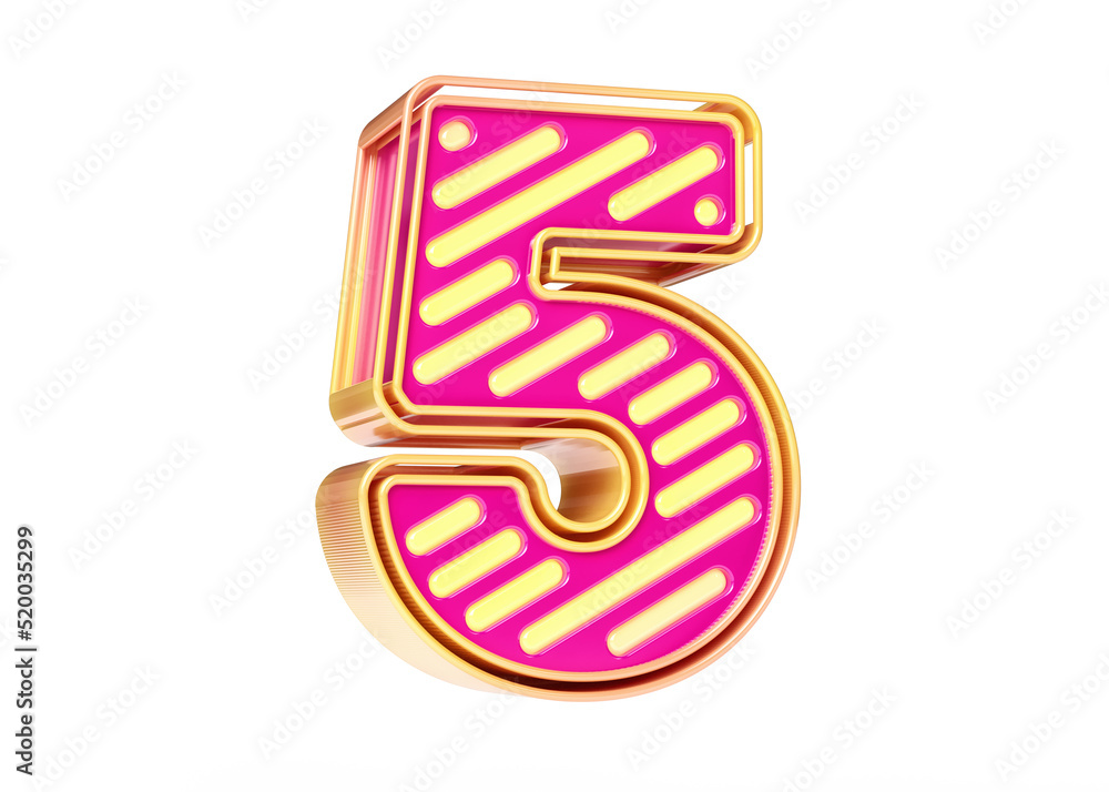 Poster 3d rendering neon font in pink and golden yellow color combination digit number 5. design suitable f
