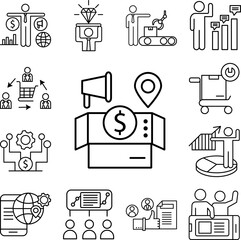 Marketing megaphone dollar location icon in a collection with other items