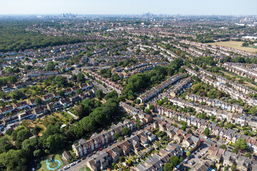 Aerial view Highams Park, a residential neighbourhood surrounded by forest and green parks on the...