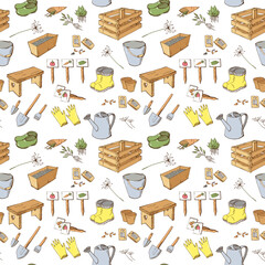 Colorful fun seamless pattern with hand drawn garden tools, watering can, boots, shovels, seeds. Endless texture with colored elements on white background. Vector illustration.