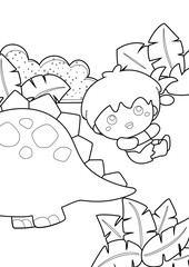 Dinosaur and Cave Man Theme Coloring Pages A4 for Kids and Adult