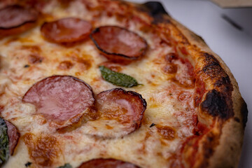Homemade Pepperoni, Salami Pizza with basil, tomatoes, cheese on wooden table. ready to eat