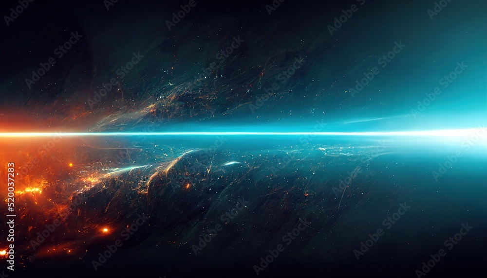 Poster Star explosion in a galaxy of an unknown universe with light beams and rays. High energy particles from outer space, 3D artwork