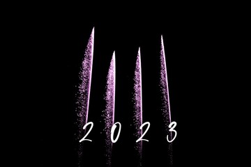 Happy new year 2023 pink fireworks rockets new years eve. Luxury firework event sky show turn of the year celebration. Holidays season party time. Premium entertainment nightlife background