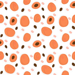 seamless pattern of halves and whole apricots and pits on a white background