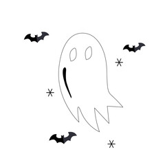 Flying ghost spirit. Happy Halloween. Scary white ghosts. Cute cartoon spooky character. Flat design. 