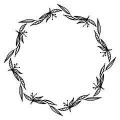 Beautiful black and white wreath frame made of abstract flowers with place for text. Vector illustration of wreath for your design.