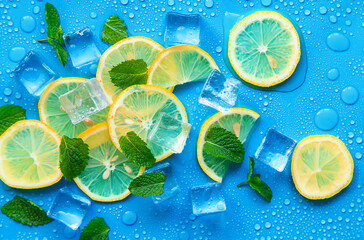 Blue background with mint, lemon and ice cubes. Selective focus.