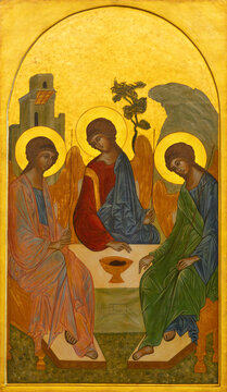 BARI, ITALY - MARCH 5, 2022: The iconicon of Holy Trinity (Abraham Hosts the Tree Angels) in the church Chiesa di Santa Croce from 20. cent.