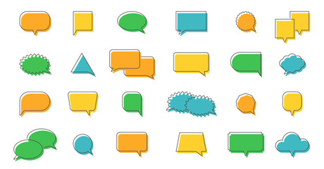 Speech balloon icons set. Speak line color text box. Talk chat cloud. Message circle tag. Dialog bubble. Round graphic sticker. Think label. Communication banner. Price sign. Vector illustration