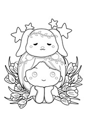 Little Girl and Easter Bunny Theme Coloring Pages A4 for Kids and Adult	