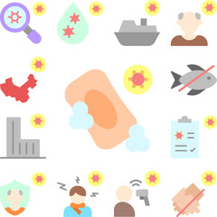 Soap, coronavirus icon in a collection with other items