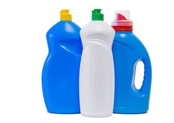 Three detergent bottles isolated on white background.