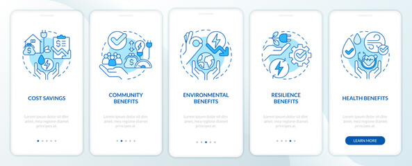 Fototapeta na wymiar Energy efficiency benefits blue onboarding mobile app screen. Walkthrough 5 steps editable graphic instructions with linear concepts. UI, UX, GUI template. Myriad Pro-Bold, Regular fonts used