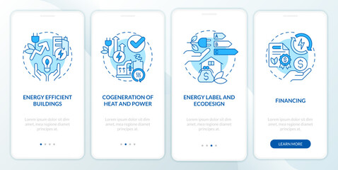 Energy efficiency and conservation blue onboarding mobile app screen. Walkthrough 4 steps editable graphic instructions with linear concepts. UI, UX, GUI template. Myriad Pro-Bold, Regular fonts used
