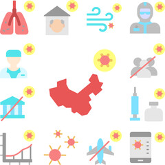 China, map, coronavirus icon in a collection with other items