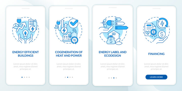 Energy efficiency and conservation blue onboarding mobile app screen. Walkthrough 4 steps editable graphic instructions with linear concepts. UI, UX, GUI template. Myriad Pro-Bold, Regular fonts used