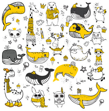Vector set of cards with cute happy animal faces for kid's interiors, banners and posters illustrations