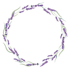 Botanical illustration, wreath with watercolor lavender on a white background. Frame for greeting, holidays etc.