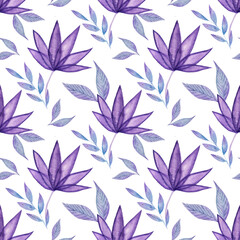 Watercolor pattern with flowers and leaves in purple colors on a white background. Pattern for various products.