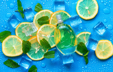 Perfume on a blue background with ice cubes and mint lemon. Selective focus.