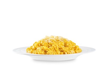 Pumpkin cream sauce pasta on a white isolated background
