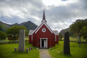 Fototapeta na wymiar Flakstad Church in the Lofoten Islands in Norway